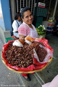 Woman selling fried chappulines at market